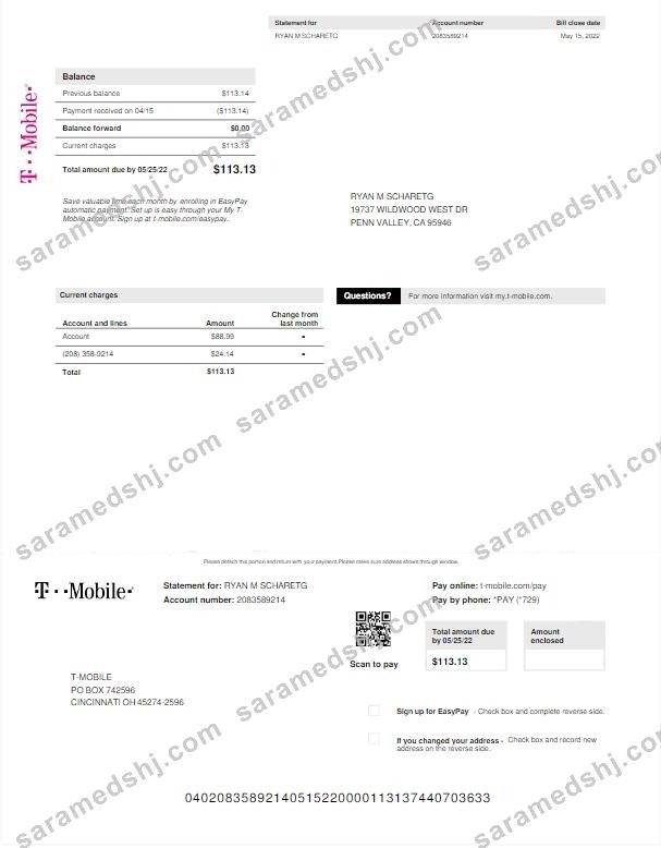 USA T-MOBILE utility bill Word and PDF template